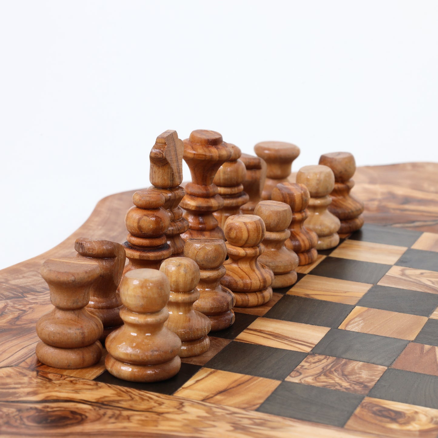 Chess Set with Irregular Rustic Board (13", Black & Brown)