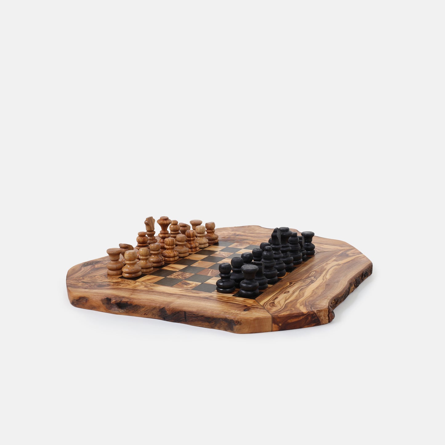 Chess Set with Irregular Rustic Board (13", Black & Brown)