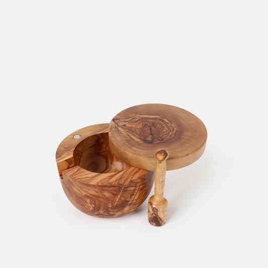 Wooden Salt Cellar with Lid and Spoon