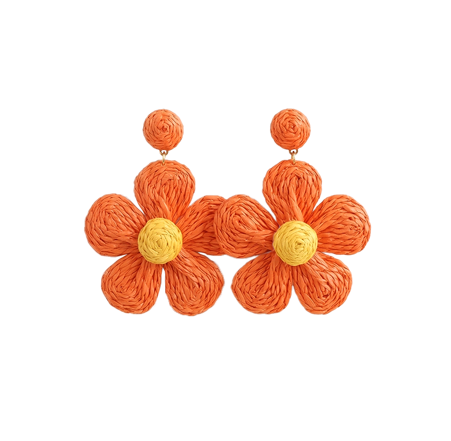 Violette Boho Flower Rattan Drop Earrings Orange Yellow