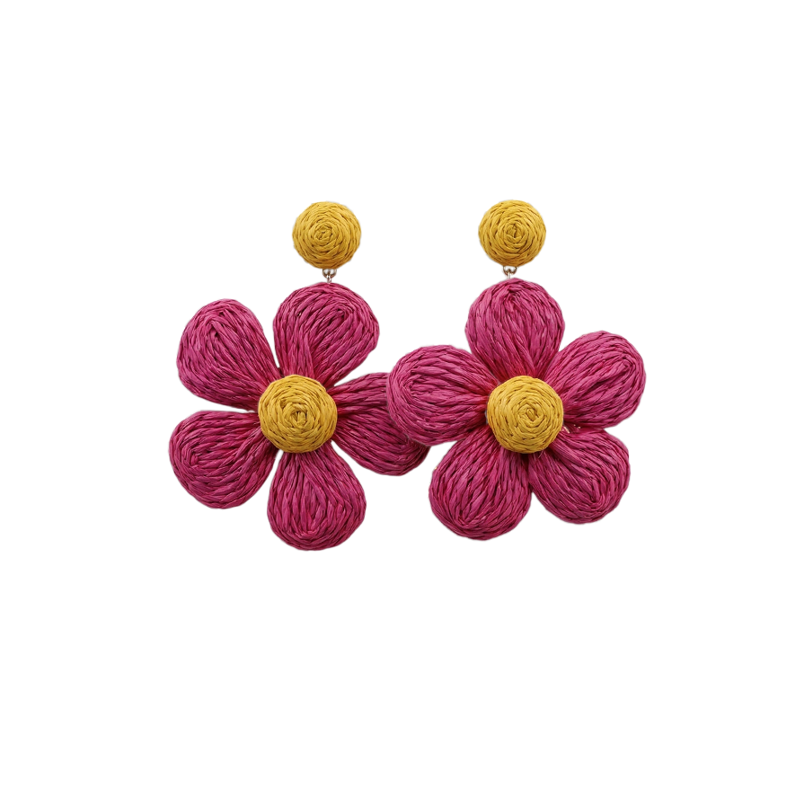 Violette Pink Raffia Flower Drop Earrings Yellow Center