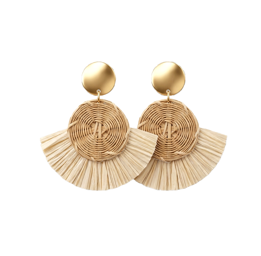 Violette Boho Rattan Drop Earrings Beige Gold