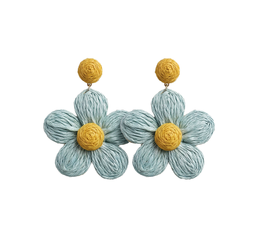 Violette Raffia Flower Drop Earrings Blue