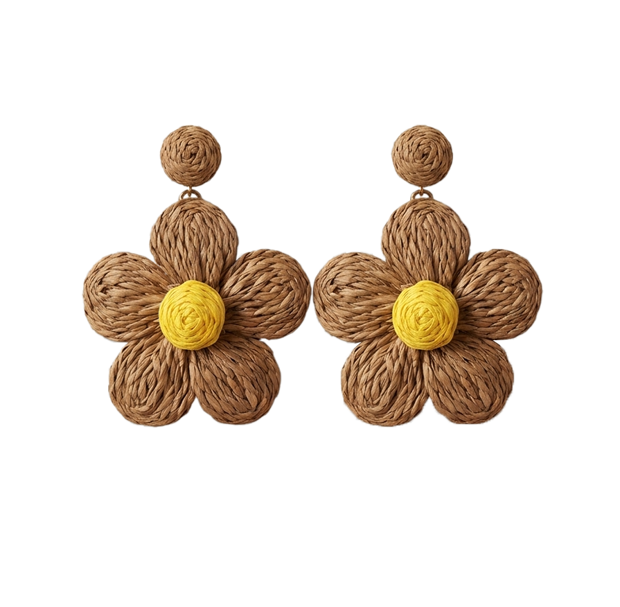 Violette Raffia Flower Drop Earrings Natural Brown